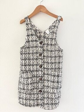 Button-Front Tweed Pinafore Dress - Black & White
